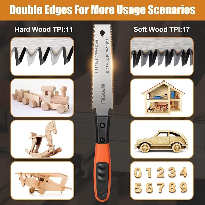 Japanese Hand Saw, 6-Inch Double-Edge Pull Saw, SK5 Flexible Blade,11/17 TPI Blade with Soft Grip Handle for Hardwood & Softwood Woodworking.