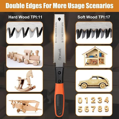 Japanese Hand Saw, 6-Inch Double-Edge Pull Saw, SK5 Flexible Blade,11/17 TPI Blade with Soft Grip Handle for Hardwood & Softwood Woodworking.