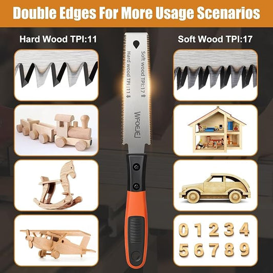 Japanese Hand Saw, 6-Inch Double-Edge Pull Saw, SK5 Flexible Blade,11/17 TPI Blade with Soft Grip Handle for Hardwood & Softwood Woodworking.