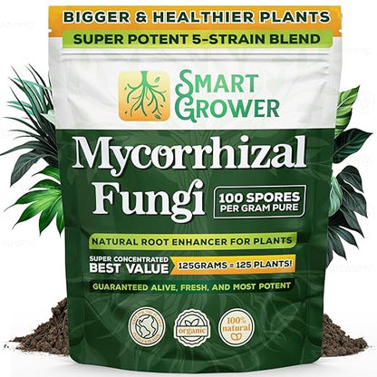 Mycorrhizal Fungi Organic Root Enhancer for Plants, Super Potent 100 Spores Per Gram, 5-Strain Blend, Rapid Results for Gardens, Houseplants, Lawns, Mycorrhizae Smart Grower 125 Grams for 125 Plants