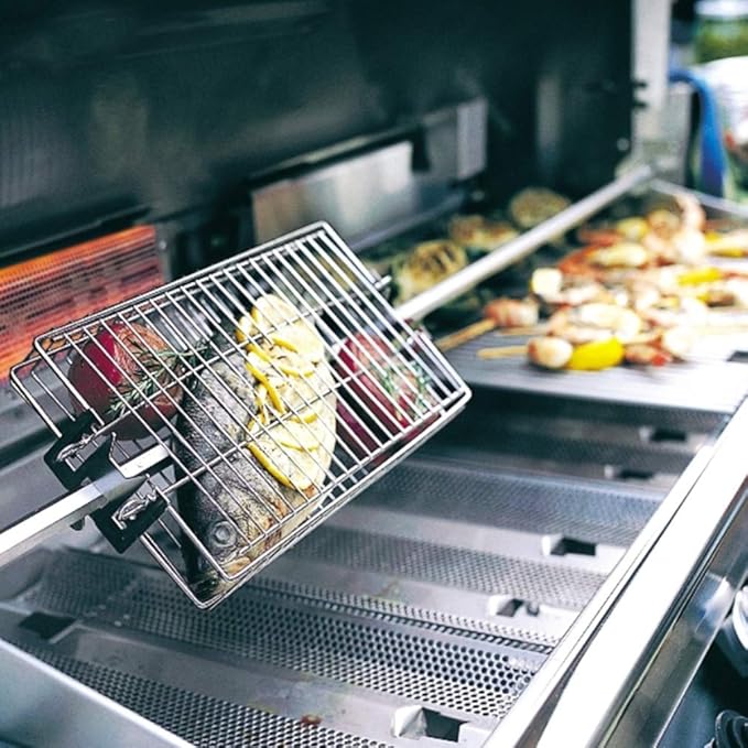 onlyfire 6042 Chrome Plating Steel Flat Grill Rotisserie Basket for Most Grills, Fits 1/2" Hexagon, 3/8" Hexagon, 3/8" Square & 5/16" Square Spit Rods