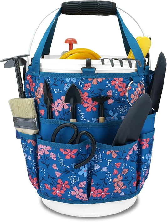 KUNN Bucket Organizer 5 Gallon 18-Pocket Tool Bucket Bag with 6 Hooks, Gardening Tool Holder Caddy for Gardeners, Outdoor Yard Work, Soil Plant Flower Gardening Accessories with Grip Pad, Blue