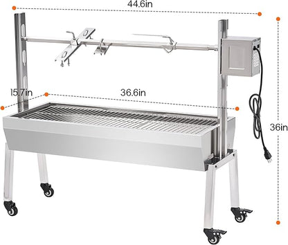 Jocisland Electric BBQ Rotisserie Grill Kit, 42" 132 Lbs Capacity, 45W Motor, Height-Adjustable Stainless Steel Pig Lamb Charcoal Rotisserie Roaster with Lockable Wheels for Camping Outdoor