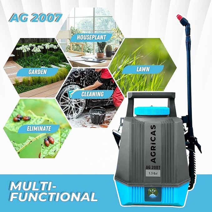 Battery Powered Sprayer 1.3 Gallon, Electric Lawn and Garden Sprayer for Weed/Pest Control, Lithium-Ion Battery, Adjustable Nozzle, Shoulder Strap, High-Pressure Hose