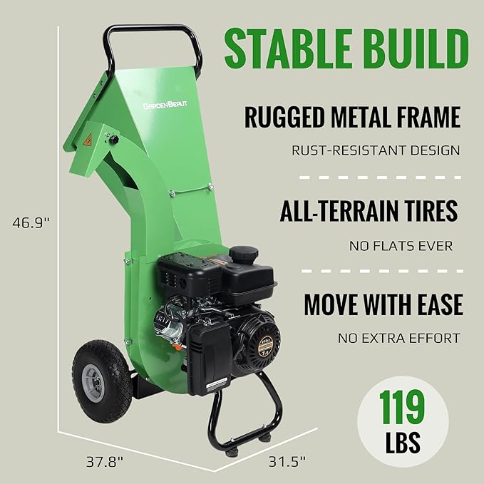 S1 Wood Chipper, 20: 1 High Reduction Ratio, 7 HP 212cc Heavy Duty Engine Gas Powered, 3" Max Wood Diameter Capacity, Robust Shredder Mulcher with Large Cutting Rotor