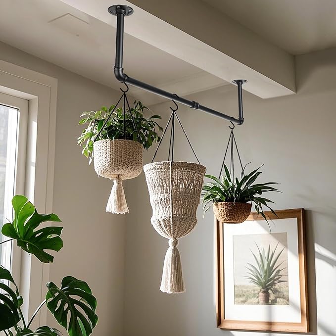 Bigmeta 34in Hanging Planters Rod for Indoor Plants - Max. Load 44 lb Black Metal Holder Rod for Wall Ceiling Decor, 1 Pcs (Pot Chain & Plants Not Included)