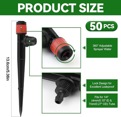 Kalolary 50PCS 1/4” Drip Irrigation Drippers with Lock, Drip Irrigation Emitters for 4/7mm Tube, Adjustable 360 Degree Vortex Water Flow Sprayer Micro Spray Drip System Parts for Lawn Yard Pot (Red)