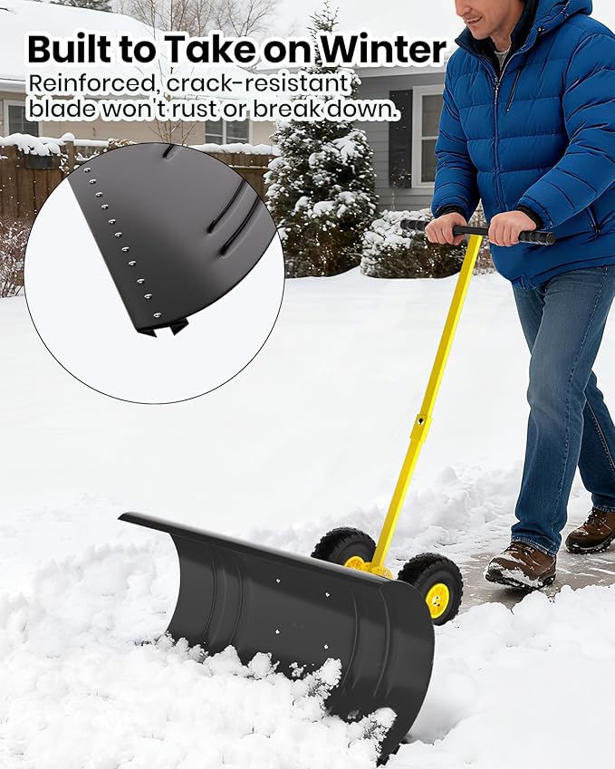 36” Snow Shovel for Driveway,Heavy Duty Wheeled Rolling Shovels 5 Position Angled Blade, Ergonomic Handle & Rubber Wheels for Efficient Snow Removal, Snow Plow for Doorway,Driveway and Sidewalks