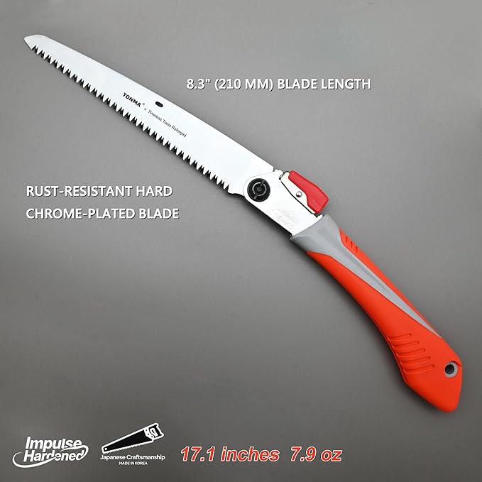 TONMA Folding Hand Saw [Made in Korea] 8" (210mm) Medium Teeth Small Pruning Hand Saw for Wood Cutting, Camping, Garden Woodworking, Japanese Craft Plating Impulse Hardened Stainless Blade