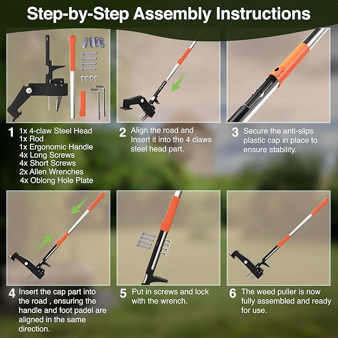 Manual Stand Up Weed Puller Tool with Long Handle | Heavy Duty 4-Claw Steel Head Weeder for Root Removal | Ergonomic Weeding Tool for Dandelion, Lawn, Yard & Garden Maintenance