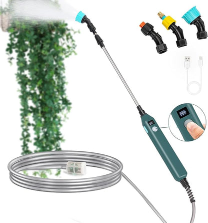 TOOVEM Electric Garden Sprayer with Battery Indicator,23.6inch Battery Powered Sprayer Wand with 16.4FT Hose,Rechargeable and Portable Spray Wand for Yard, Lawn and Garden(3 Nozzles)