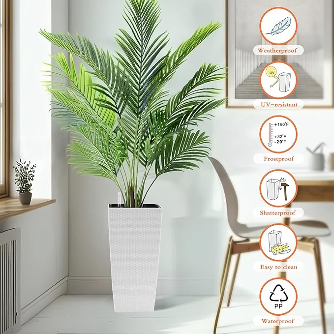 2 Pack Tall Planters for Indoor or Outdoor Plants, Self-Watering Pots with Drain Holes, 22-Inch High Faux Rattan Design Modern Tall Square Planter Box for Porch, Patio, Backyard (Pack of 2, White)