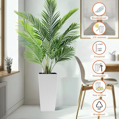 2 Pack Tall Planters for Indoor or Outdoor Plants, Self-Watering Pots with Drain Holes, 22-Inch High Faux Rattan Design Modern Tall Square Planter Box for Porch, Patio, Backyard (Pack of 2, White)