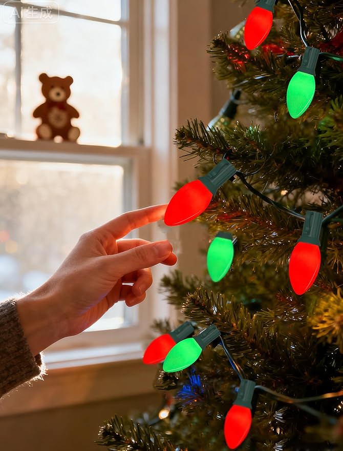 SUNSGNE C9 Red and Green Christmas Lights, 25FT Glass Ceramics Christmas Tree Lights with 26 7W Red White Glass Bulbs(1 Spare) for Backyard Patio Balcony Xmas Decor, Green Wire