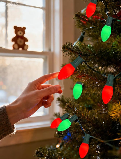 SUNSGNE C9 Red and Green Christmas Lights, 25FT Glass Ceramics Christmas Tree Lights with 26 7W Red White Glass Bulbs(1 Spare) for Backyard Patio Balcony Xmas Decor, Green Wire