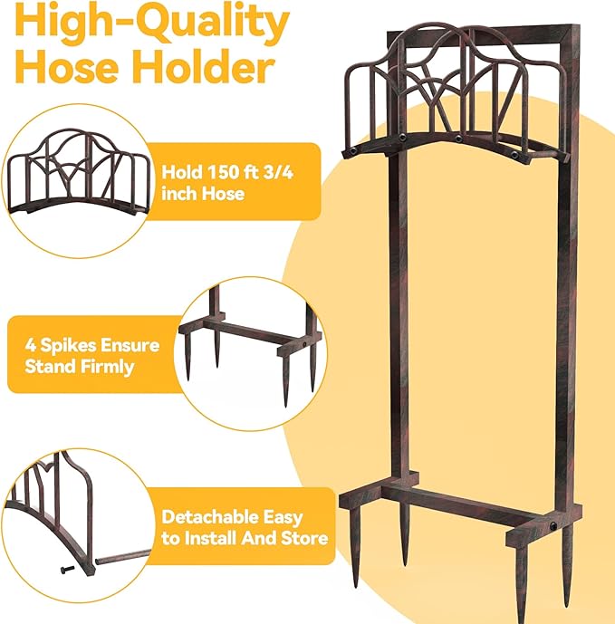 Garden Hose Holder Hanger Freestanding, Upgraded 4-Spike Heavy Duty Storage Reel Stand, Holds 150ft Hose for Outside Yard Lawn (Rustic Line, Metal)