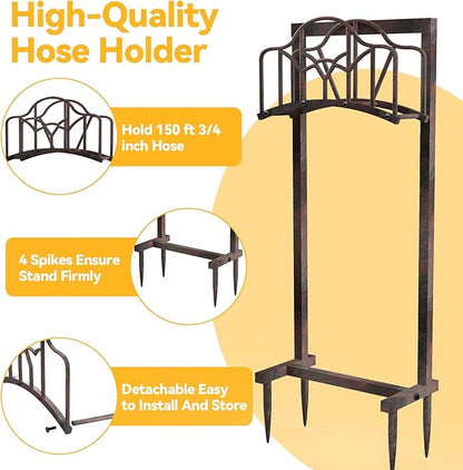 Garden Hose Holder Hanger Freestanding, Upgraded 4-Spike Heavy Duty Storage Reel Stand, Holds 150ft Hose for Outside Yard Lawn (Rustic Line, Metal)