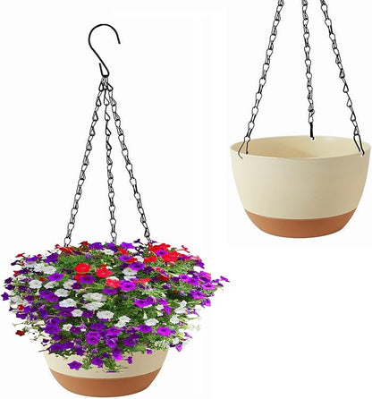 2 Pack 10 Inch Hanging Planters for Indoor Outdoor Plants, Plastic Hanging Basket Flower Plant Pots, Plant Self Watering Pot with Drainage Holes and Saucers for Garden Home (Beige)
