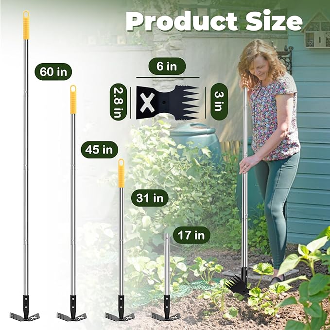 Weed Puller Tool with Long Handle, 60" Manual Weeding Tools Gardening, 2 in 1 Hand Weed Rake and Hoe Garden Weeder Tool, Uprooting Pulling Weed Remover Tool for Yard, Patio, Lawn and Garden
