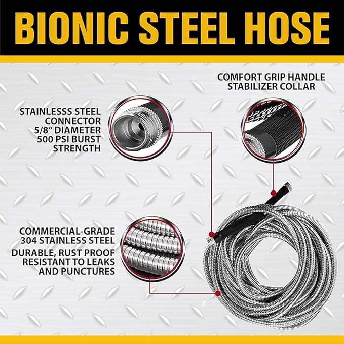 Bionic Steel 25 Ft Metal Garden Hose with Nozzle, 25Ft x 5/8 In. Premium 304 Stainless Steel Metal Water Hose, Flexible Non Kinking, Lightweight, Heavy Duty, for Yard, Outdoor