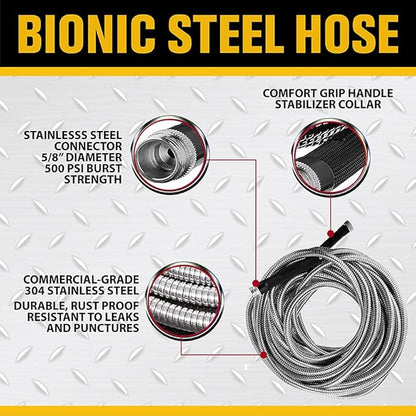 Bionic Steel 25 Ft Metal Garden Hose with Nozzle, 25Ft x 5/8 In. Premium 304 Stainless Steel Metal Water Hose, Flexible Non Kinking, Lightweight, Heavy Duty, for Yard, Outdoor