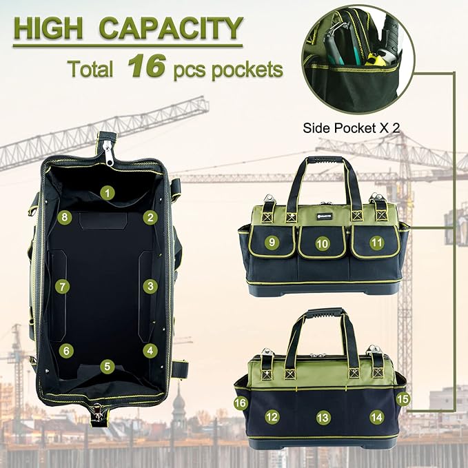 20inch Tool Bag for Men Women Heavy Duty with Waterproof Molded Base Large Tool Bag, Wide Mouth Tool Tote, Artisan Carpenter Electricians Tool Bags,Adjustable Shoulder Strap Organizer