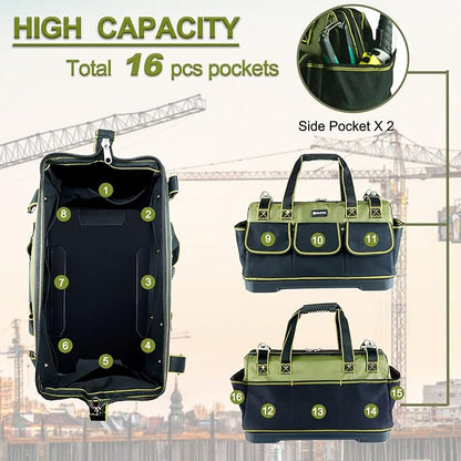 20inch Tool Bag for Men Women Heavy Duty with Waterproof Molded Base Large Tool Bag, Wide Mouth Tool Tote, Artisan Carpenter Electricians Tool Bags,Adjustable Shoulder Strap Organizer