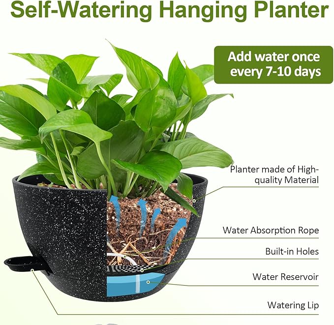WOUSIWER Self Watering Hanging Planters, 2 Pack 12'' Plastic Pots with Drainage Holes & Reservoir Tray (Speckled Black) | Indoor & Outdoor Use for Ferns, Ivy, Herbs, Succulents