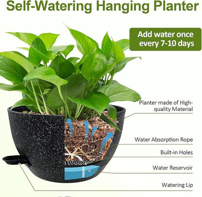 WOUSIWER Self Watering Hanging Planters, 2 Pack 12'' Plastic Pots with Drainage Holes & Reservoir Tray (Speckled Black) | Indoor & Outdoor Use for Ferns, Ivy, Herbs, Succulents