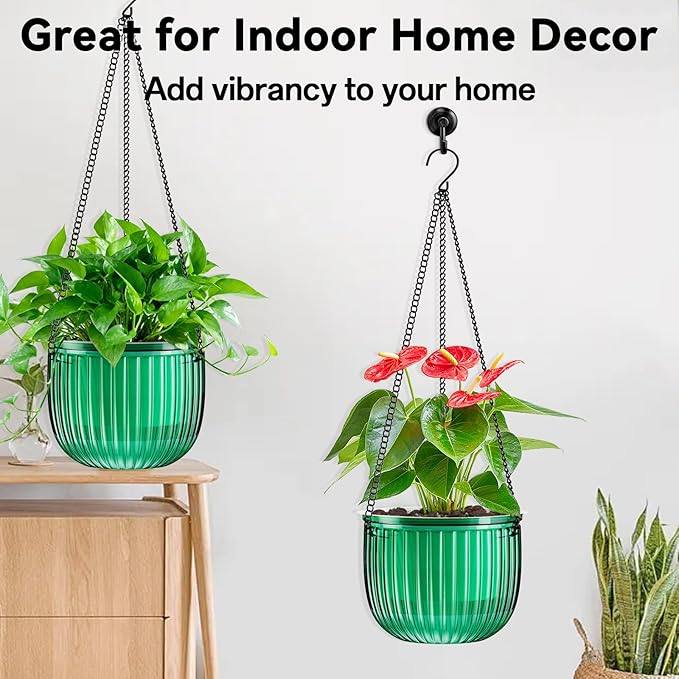 Halatool 2 Pack Self Watering Hanging Planters for Indoor Plants - 6.5 Inch Outdoor Hanging Flower Pots with 2 Metal Chains for Garden Home Wall Decor (Peacock Green)