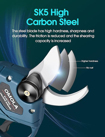 OMOLA Electric Pruning Shears,with 2 PCS Rechargeable 21V 2Ah 2000mA Lithium Battery Powered and 2 Blades，1Inch/25mm Cutting Diameter,6-8 Working Hours…