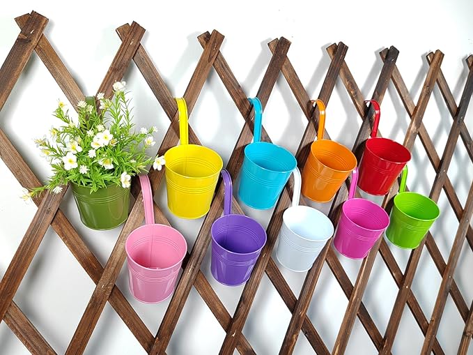 6 Inch Hanging Planters for Outdoor Plants, 10 Pack Metal Railing Planter, Rail Balcony Fence Flower Pot with Detachable Hooks, Colorful Garden Decor (Multi-Color, Pack of 10)