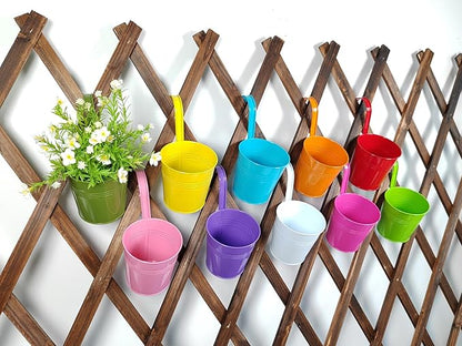 6 Inch Hanging Planters for Outdoor Plants, 10 Pack Metal Railing Planter, Rail Balcony Fence Flower Pot with Detachable Hooks, Colorful Garden Decor (Multi-Color, Pack of 10)