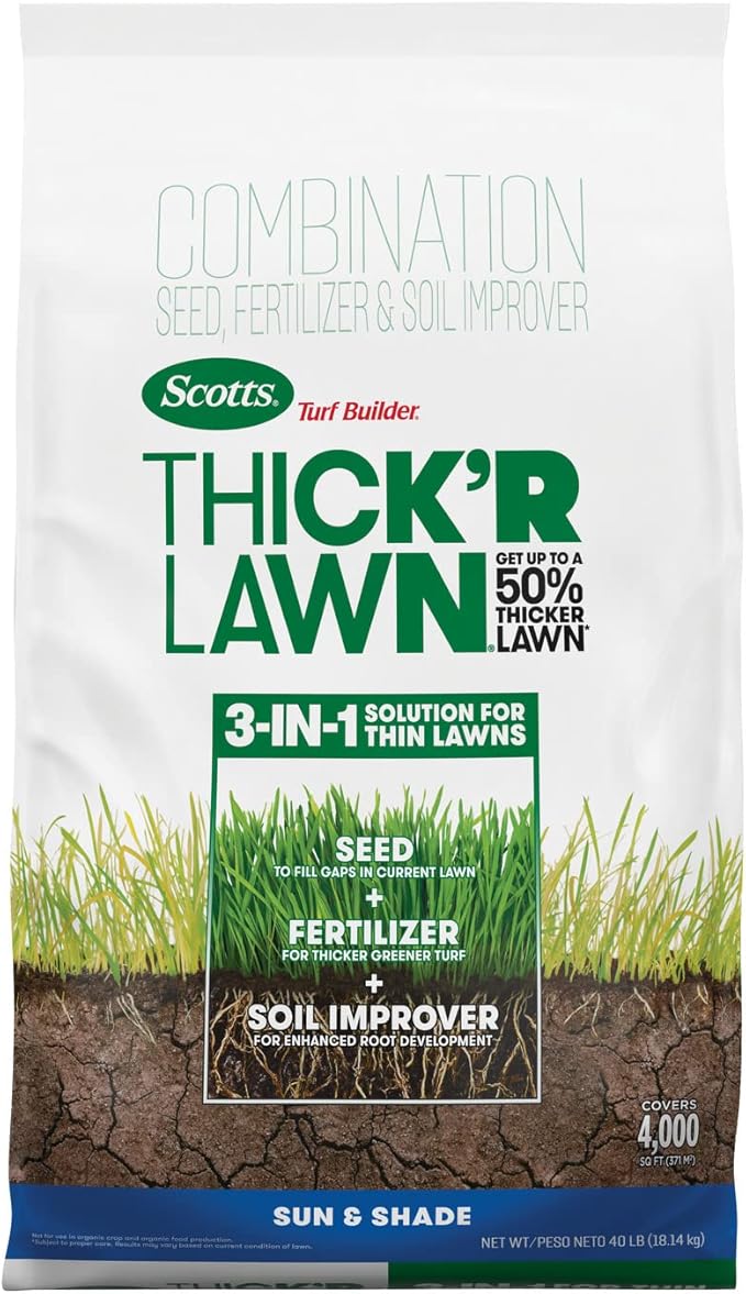 Scotts Turf Builder Thick'R Lawn Sun and Shade, Combination Seed, Fertilizer and Soil Improver, Thickens Thin Grass, 40 lbs.