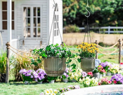 Melphoe 2 Pack Self Watering Hanging Planters Indoor Flower Pots, 5.3/8.3 Inch Outdoor Hanging Basket, Plant Hanger with 3Hooks Drainage Holes for Garden Home (Gray)