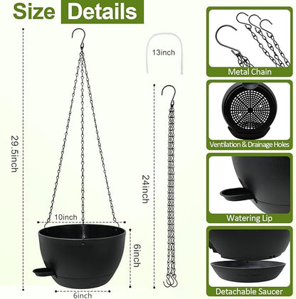 WOUSIWER Self Watering Hanging Planters, 2 Pack 10'' Plastic Pots with Drainage Holes & Reservoir Tray (Black) | Indoor & Outdoor Use for Ferns, Ivy, Herbs, Succulents