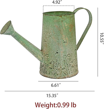 Vintage Green Metal Watering Can, Functional Garden Waterer with Floral Embossed for Indoor Outdoor Plant Care, Rustic Decor for Home Garden Patio