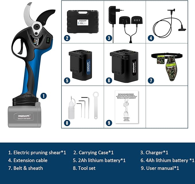 SWANSOFT Electric Pruning Shears, 1.57 inch Cutting Diameter Cordless Electric Pruners Shears Battery Powered, 1050W Tree Branch Pruner with 2Ah+4Ah Lithium Battery (8605pro)