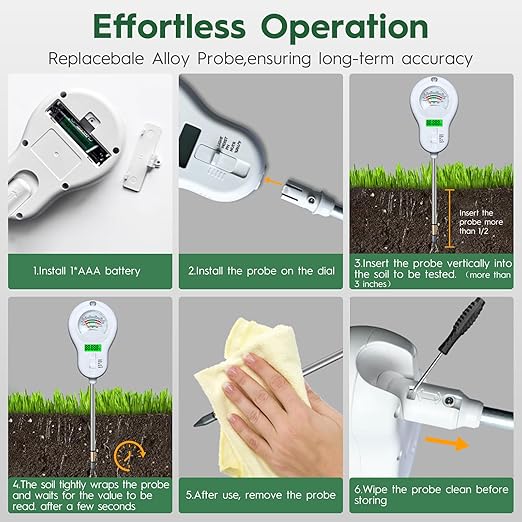 6-in-one Soil Test Kit-Soil Moisture Meter/PH Meter/Fertility/Sunlight Intensity Soil Tester, LCD Air Hygrometer&Temperature Moisture Meter for Plants-Garden, Lawn,Farm,3 Pack Detachable Probe