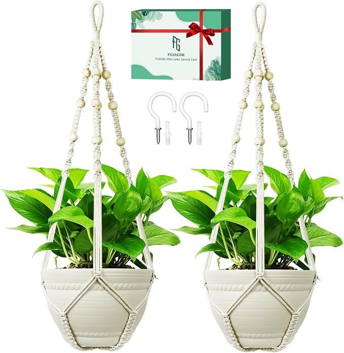 FGSAEOR Macrame Plant Holder Basket, Hanging 3-15 inch Pot, Bearing 20lb Planters, 35 Inches Extra Long Strong Boho Home Indoor Outdoor Décor (2-Pack) (Ivory)