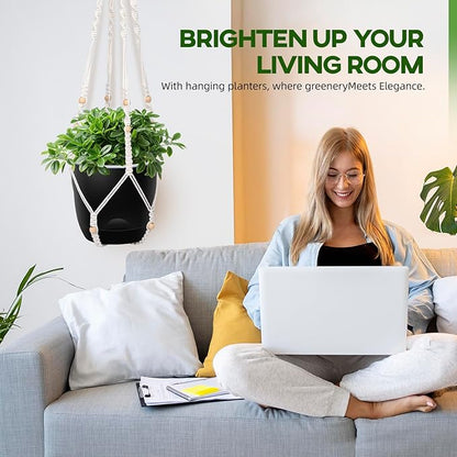 2-Pack 5.7-Inch Self-Watering Hanging Planters for Indoor & Outdoor Plants,34Inch Macrame Hanger Plant Pots Indoor with Drainage,Small Hanging Planters & Baskets,With Two Sets of Hooks（Pure black）