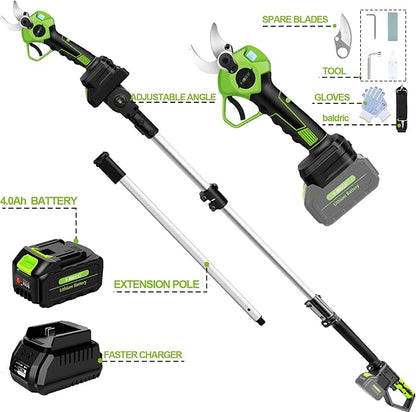 2-IN-1 Electric Pole Pruning Shears Cordless, 1.6" Cutting Diameter Cordless Pruner with 15 FT High Reach Extension Pole, 21V 4.0Ah Battery Powered Pole Pruner for Tree Trimming, LCD Display