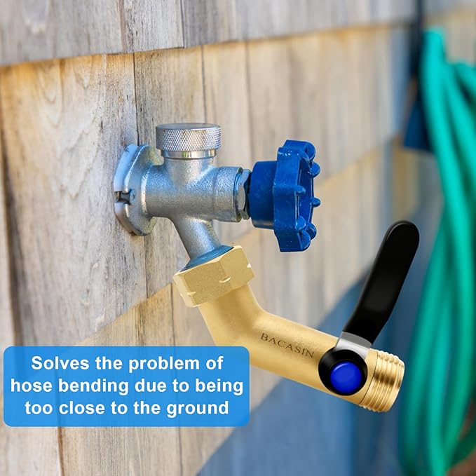 135° Full Flow Heavy Duty Brass Garden Hose Shutoff Valve with 304 Stainless Steel Extended Handle, 3/4-Inch Leak-Free Elbow Connector for Outdoor Faucets, RV Spigots, and Hose Extenders