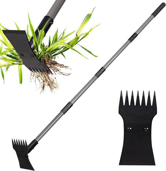 Walensee Weed Puller Tool with Long Handle, 64inch Manual Weeder Remover Tool, 7-Tines Weed Rake and 2-in-1 Hoe Garden Tool for Gardening, Uprooting Weeding Pull for Yard, Lawn, Patio and Garden
