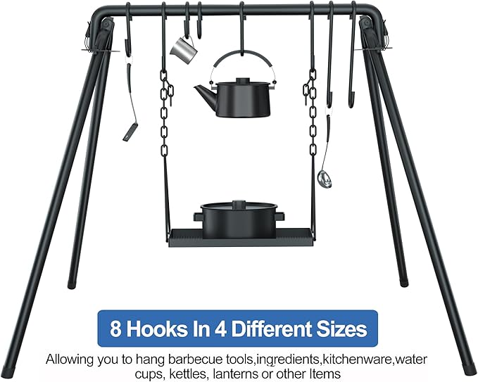 RELIANCER Grill Swing,Campfire Grill Cooking Stand w/8 Hooks & Storage Bag,Cast Iron BBQ Party Swing Grilling Cooking Rack,Outdoor Picnic Camping Cookware Hanging Rack,Collapsible Bonfire Barbecue Set
