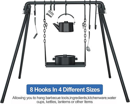 RELIANCER Grill Swing,Campfire Grill Cooking Stand w/8 Hooks & Storage Bag,Cast Iron BBQ Party Swing Grilling Cooking Rack,Outdoor Picnic Camping Cookware Hanging Rack,Collapsible Bonfire Barbecue Set