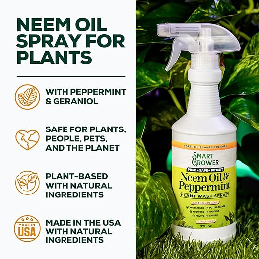 Neem Oil Spray for Plants with Peppermint Oil, Natural Plant Wash Made for Indoor and Outdoor Plants Smart Grower 32oz Easy Ready to Use Spray