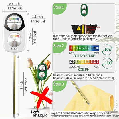 2-in-1 Soil Moisture Meter, Soil PH Meter, Large Dual-Screen Soil PH Tester & Moisture Meter for Plants Indoor&Outdoor Garden,Lawn,Farm Soil Test Kit-No Battery Needed (Milky White)