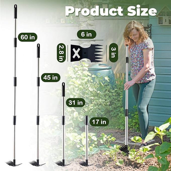 Weed Puller Tool with Long Handle - 60" Manual Weeder Remover Tool, 2 in 1 Hand Weed Rake and Garden Hoe for Gardening, Heavy Duty Uprooting Weeding Pull for Yard, Lawn, Patio and Garden