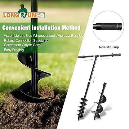 Heavy-Duty T-Shaped Hand Drill Auger Post Hole Digger with Non-Slip Handle - 4" & 6" x 38" Spiral Drill Bit for Planting Bulbs, Trees, Fences, Umbrella Holes in Garden & Soft Soil